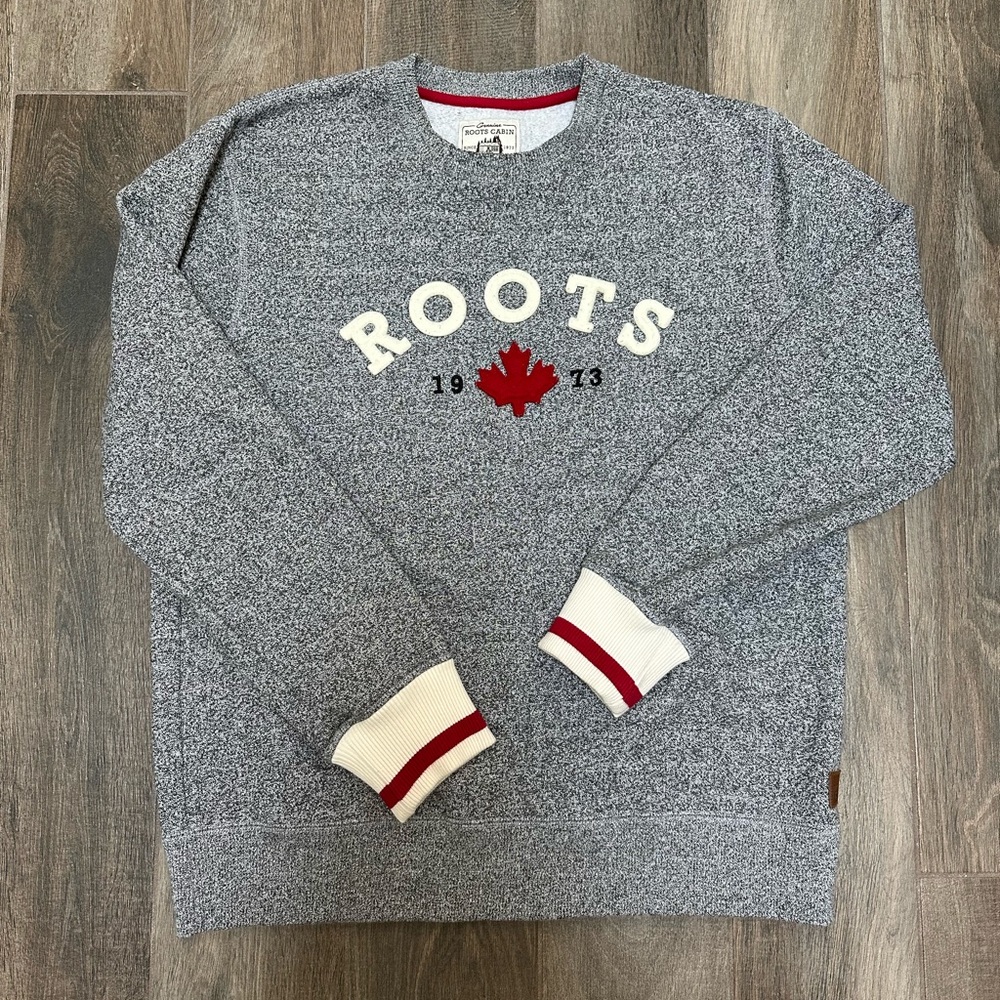 Roots Heather Gray Crewneck Sweater with Red Accents